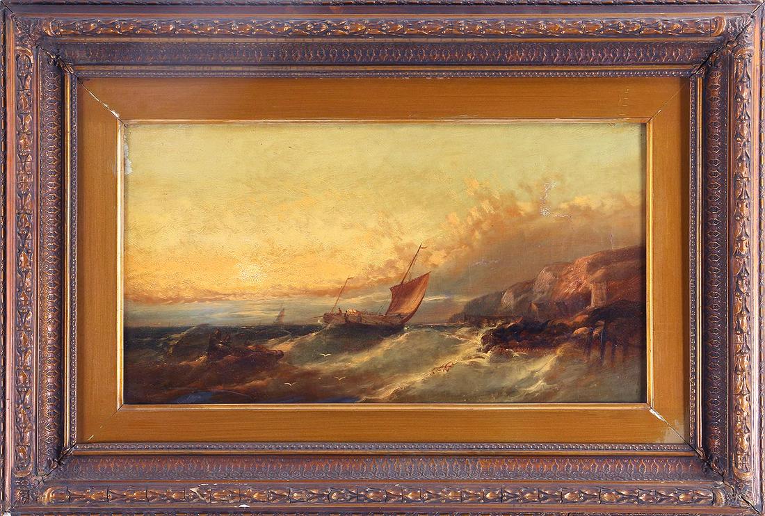 'Sunset on the Devonshire Coast'': ''Sunset on the Devonshire Coast'' (British School, 19th century), oil on canvas, unsigned, label to stretcher. Dirt and grime, craquelure, scattered losses, and restorations with inpaint. Canvas 12''