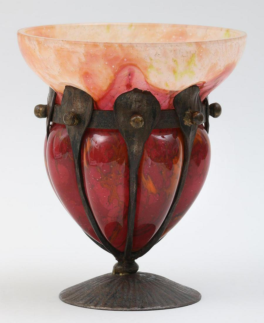 Louis Majorelle, Schneider: Louis Majorelle, Schneider caged glass vase, signed. 6''h.