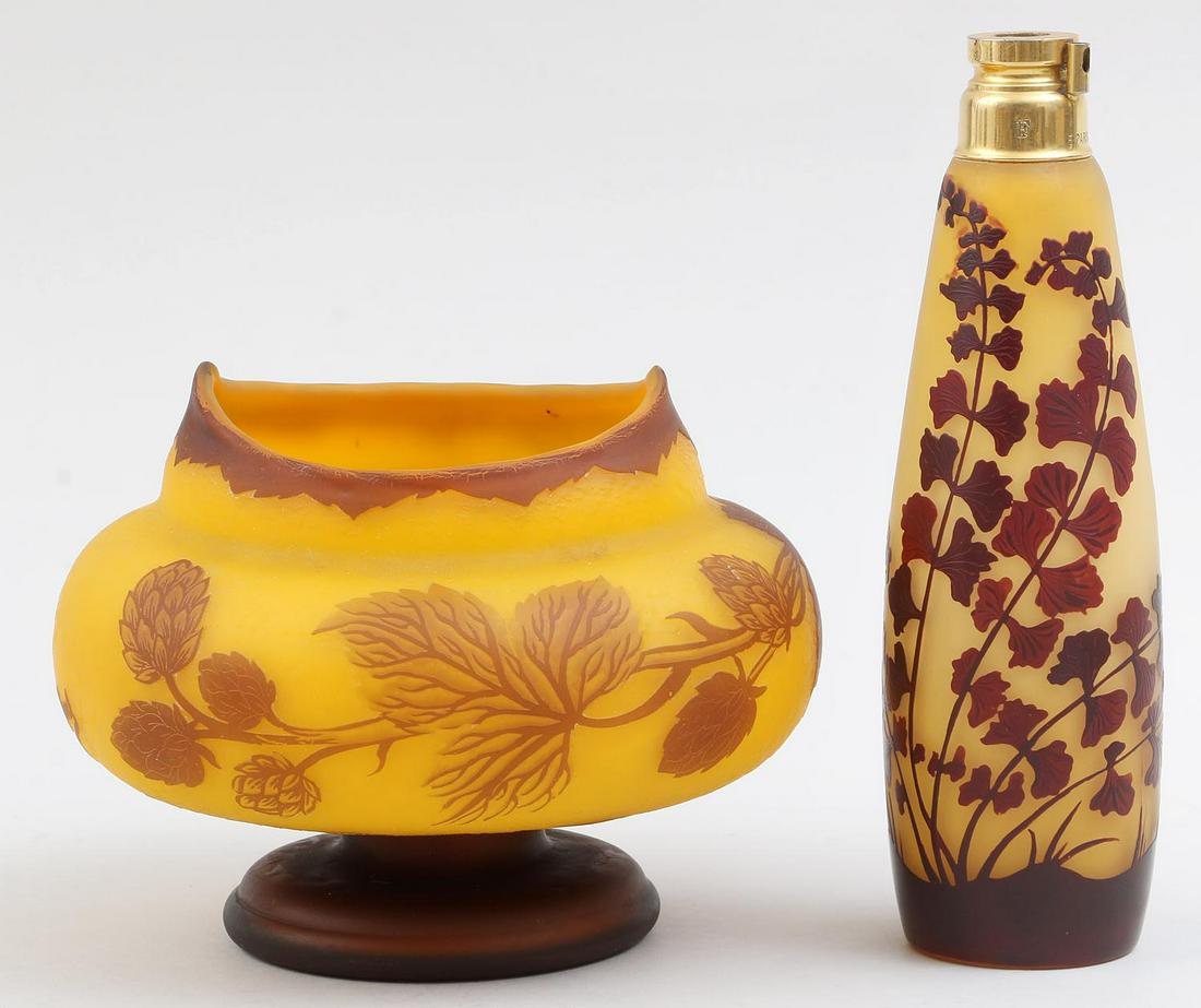 Galle and Richard: Group of (2) cameo art glass objects, to include: Galle atomizer with brass fitting and floral decoration, (lacking sprayer); and Richard footed bowl with foliate decoration. Both signed. 7-1/4''h.