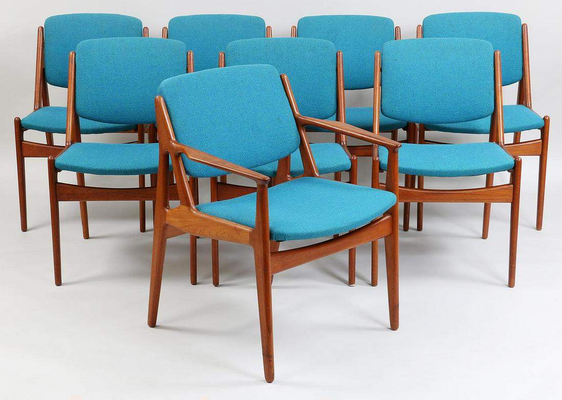 (8) Arne Vodder,: Set of (8) Arne Vodder, ''Ella'' dining chairs to include seven sides and one armchair with swivel backrests. Wear from use, one backrest with repair at hinge, reupholstered 1978. Armchair 29-3/4''h,