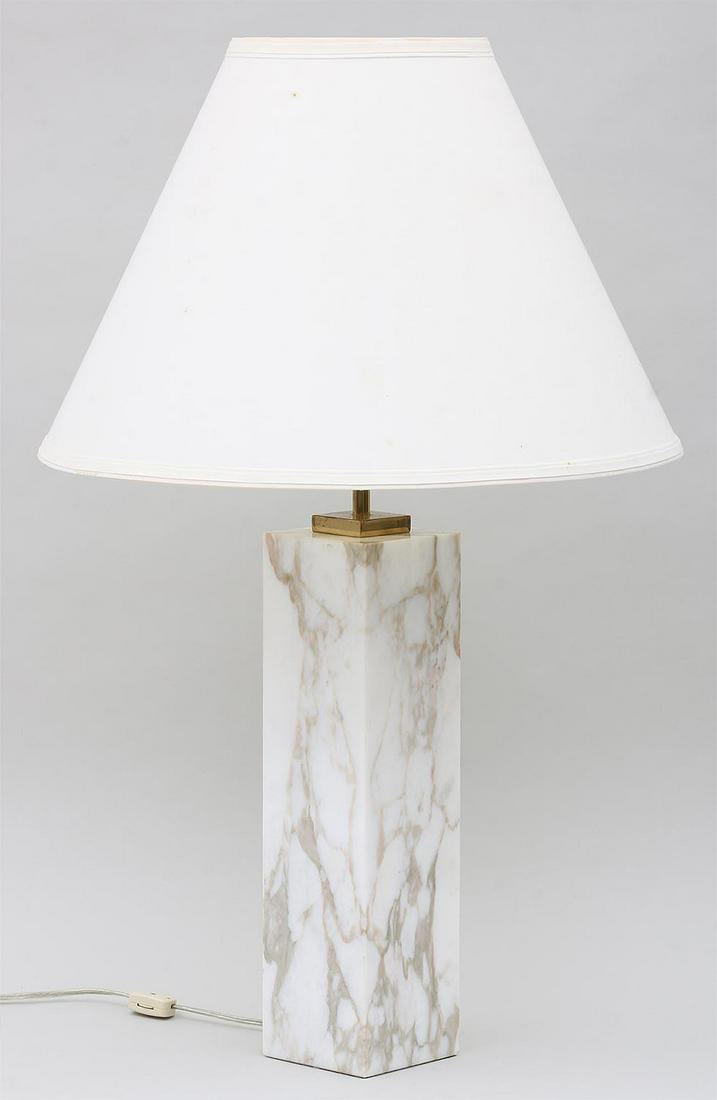 Robsjohn-Gibbings, for Hansen: Robsjohn-Gibbings, for Hansen, marble and brass square column lamp. Some rough edges. 15-3/4''h, 4''sq.