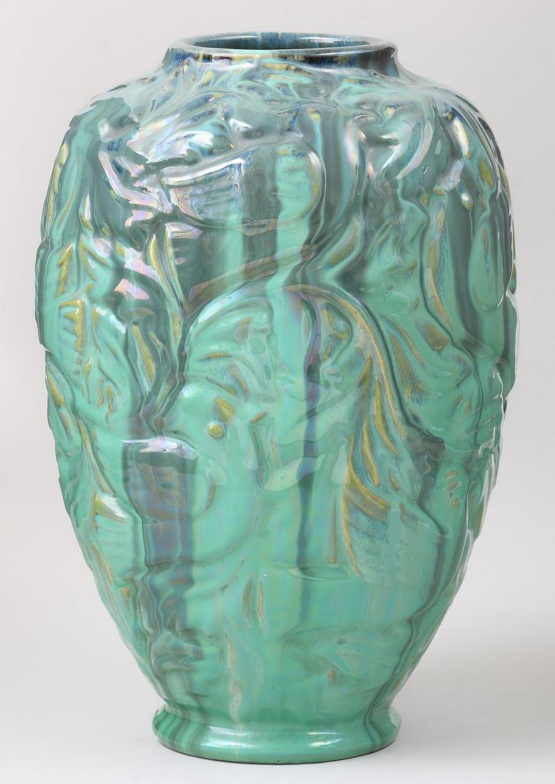 Large Fulper pottery vase: Large Fulper pottery vase with embossed floral decoration in multi-colored glaze, Jordan Volpe Gallery label to bottom. Crazing. 12''h.