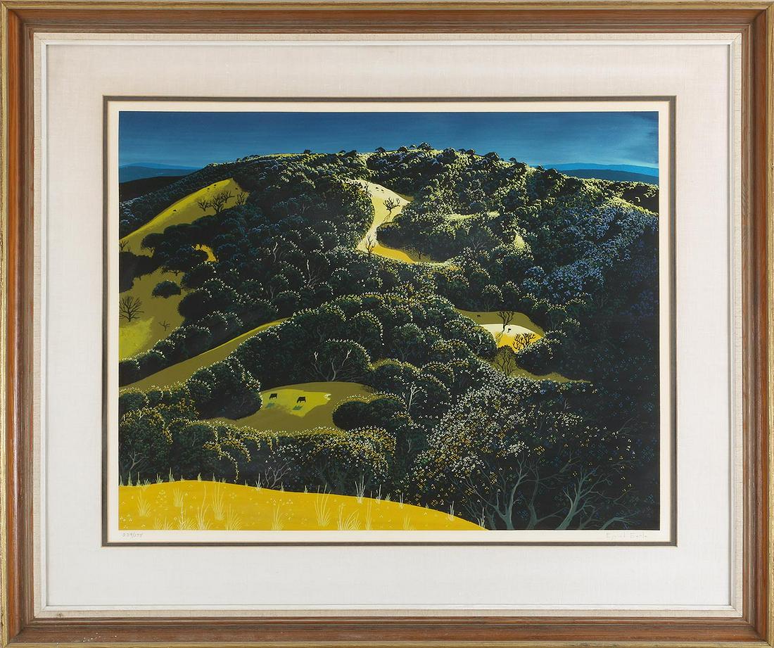 EYVIND EARLE (American, 1916-2000): EYVIND EARLE (American, 1916-2000), ''Green Hills'', serigraph, pencil signed and numbered ''239/275'' on bottom. Image sight 21-1/2''h, 27-1/2''w.