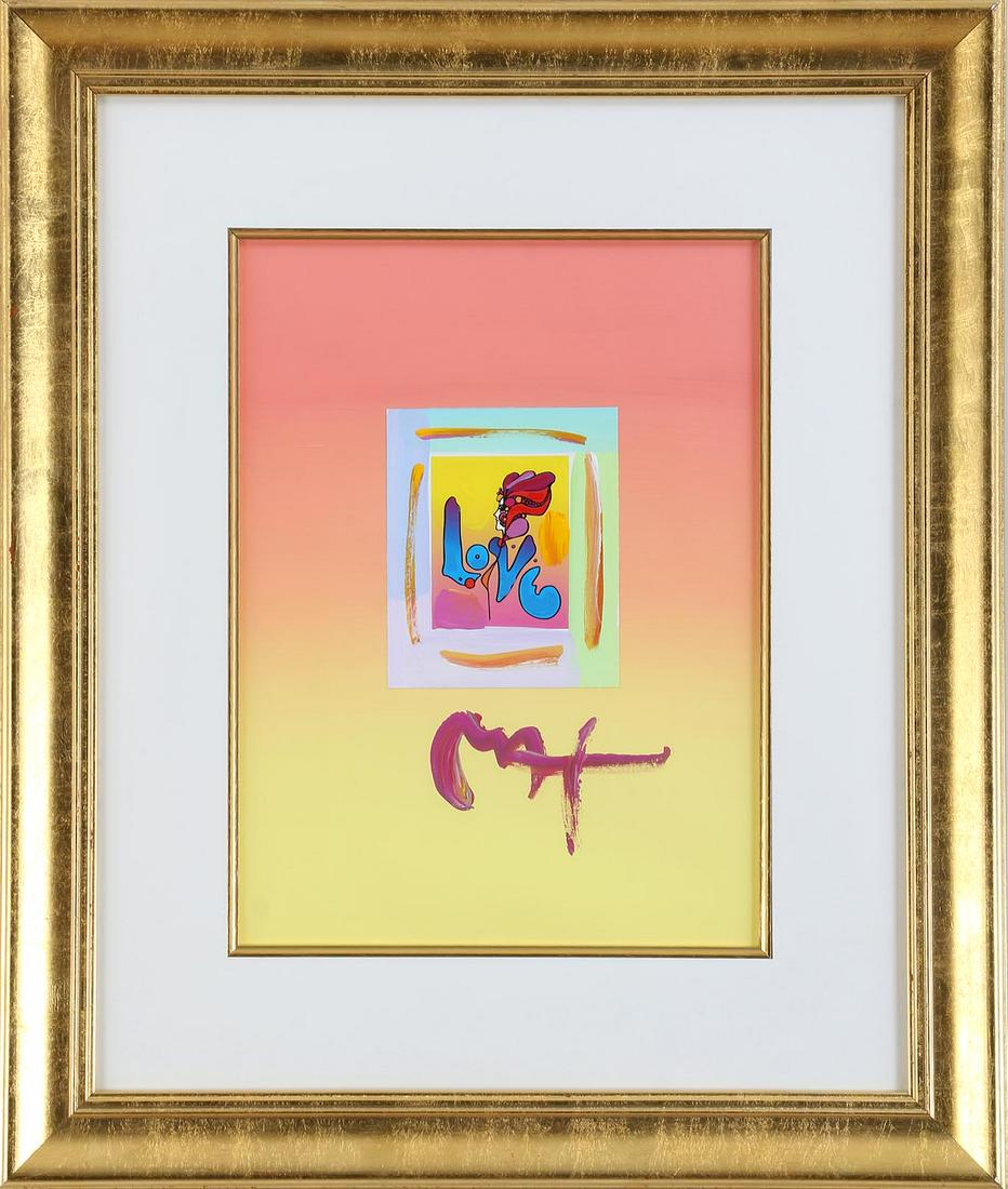 PETER MAX (American, b.1937): PETER MAX (American, b.1937), Love, mixed media on paper, signed lower right, inscription and portrait drawing by artist to verso. Sight 15''h, 11''w.