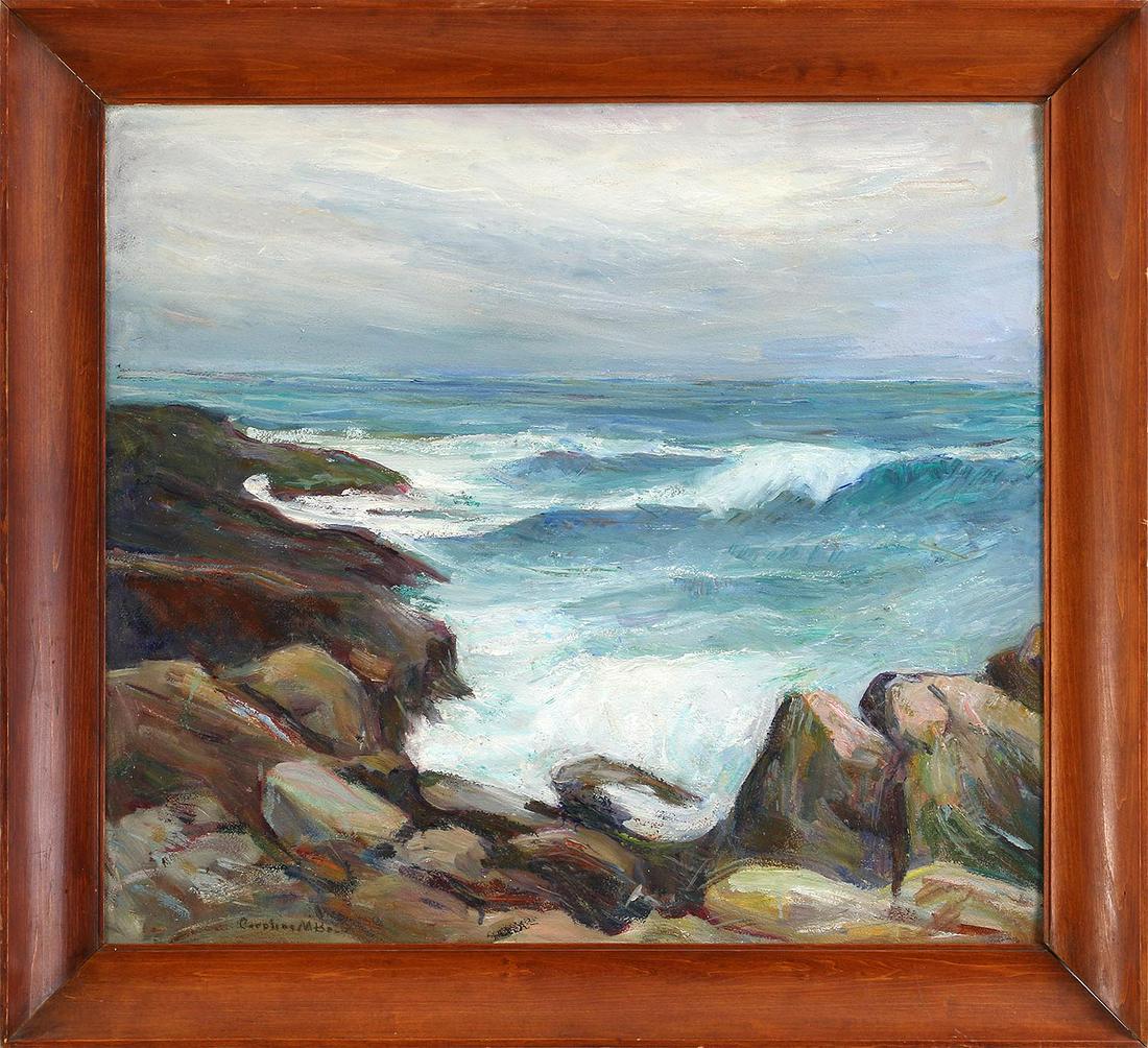 CAROLINE M. BELL (Long Island 1875-1970): CAROLINE M. BELL (American, Long Island 1875-1970), seascape, oil on canvas, signed lower left, inscription and label adhered to verso. Board 24-3/4''h, 27-3/4''w.
