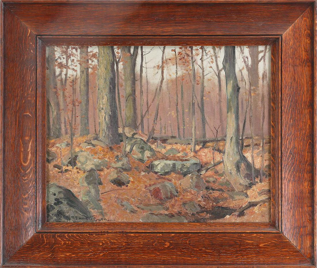 ROBERT EMMETT OWEN (American, 1878-1957): ROBERT EMMETT OWEN (American, 1878-1957), autumn forest, oil on canvas, signed lower left. Dirt and grime. Canvas 14''h, 18''w.