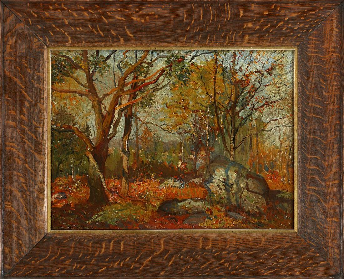 GEORGE THOMPSON (American, 1868-1938): GEORGE ALBERT THOMPSON (American, 1868-1938), ''October-Masons Island'' (Connecticut), oil on board, titled, signed, and Salmagundi Club auction labeled to verso. Dirt and grime, some splits to board.