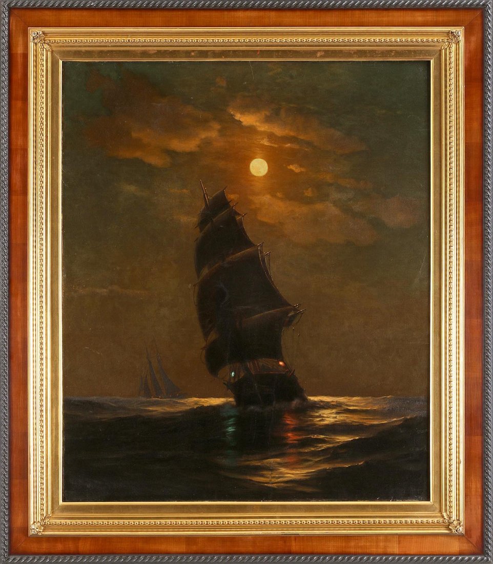 WARREN SHEPPARD (American, 1858-1937): WARREN SHEPPARD (American, 1858-1937), ship in moonlight, oil on canvas, signed lower left. Relined, restorations with inpaint, craquelure. Canvas 30''h, 25''w.