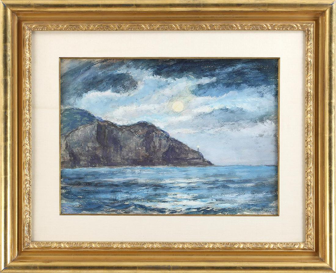 REYNOLDS BEAL (American, 1866-1951): REYNOLDS BEAL (American, 1866-1951) shoreline with lighthouse, watercolor and pencil, signed lower right. Toning and minor scattered inpaint. Image sight 14-3/4''h, 21''w.