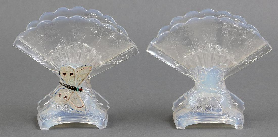 Pair of Baccarat Japanese fan vases: Pair of Baccarat Japanese fan vases with landscapes and butterflies, (one hand painted), both marked. Paint loss, minor flakes to bottom of painted vase. 5-1/2''h, 5-3/4''w.
