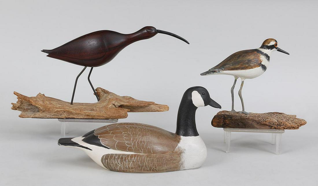 Group of (3) J.N. Corbridge carvings: Group of (3) J.N. Corbridge carvings, to include: Canada Goose 1/4 size; Kildeer full size; and Curlew 1/2 size carved in 1965 of a dark hardwood.