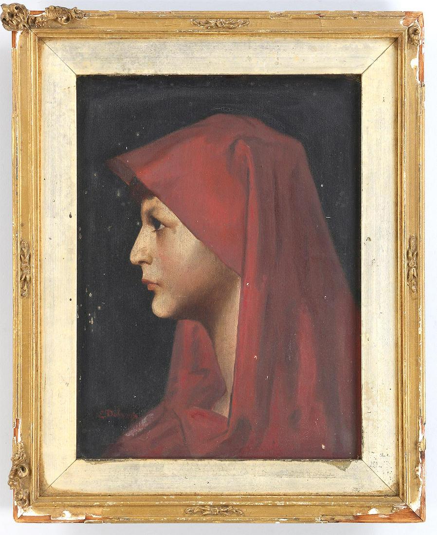 Portrait of woman in red (Continental School, 19C): Portrait of woman in red (Continental School, 19th century), oil on board, illegibly signed ''E. D----'' lower left. Minor scattered inpaint, some very minor indents to board. 11-3/4''h, 9''w.