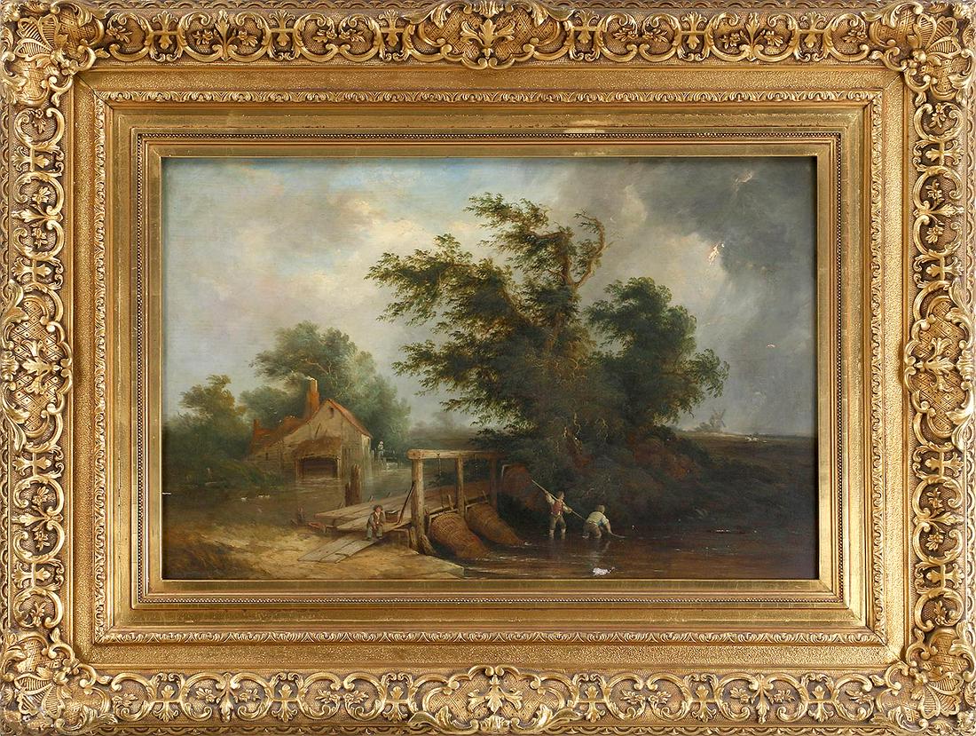 'Landscape'' (Continental School, 19th century): ''Landscape'' (Continental School, 19th century), oil on board, unsigned, ''Joseph Sartor Galleries'' label adhered to verso with title. Scattered inpaint, some minor losses to paint, dirt and grime. 