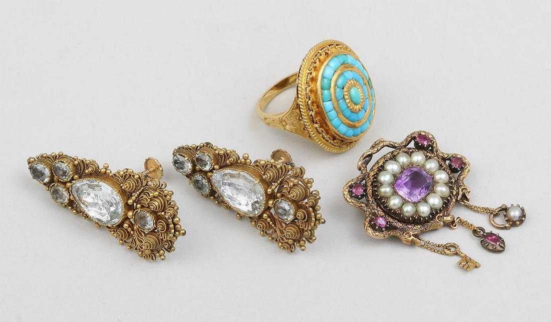 Group of (3) 14k gold jewelry items: Group of (3) 14k gold jewelry items, to include: turquoise ring; amethyst, ruby, and pearl pin with snake and ouroboros details; and pair of quartz earrings with 10k screw backs. Wear to gems. Ring si