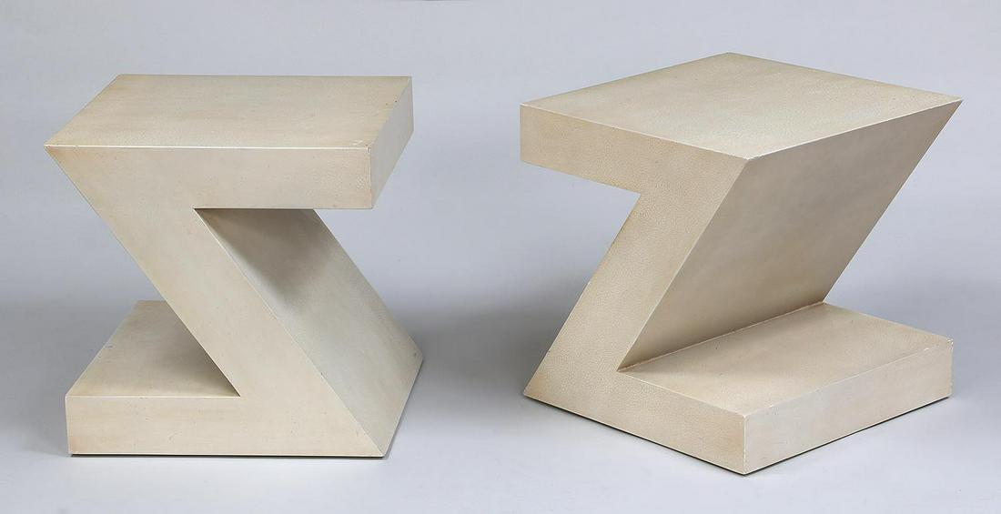 Pair of Mid-Century Modern ''Z'' side tables: Pair of Mid-Century Modern ''Z'' side tables in crackle white. Some surface abrasion and scuffing. 18''h, 18''w, 18''d.