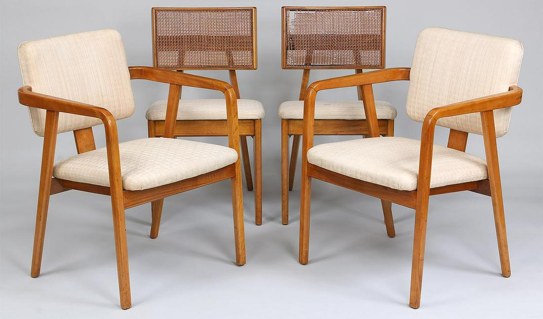 Set of (4) George Nelson for Herman Miller: Set of (4) George Nelson for Herman Miller dining chairs with cane backrest and fabric seats to include: two arm chairs and two side chairs. One side chair with worn canning, some staining to fabric. 