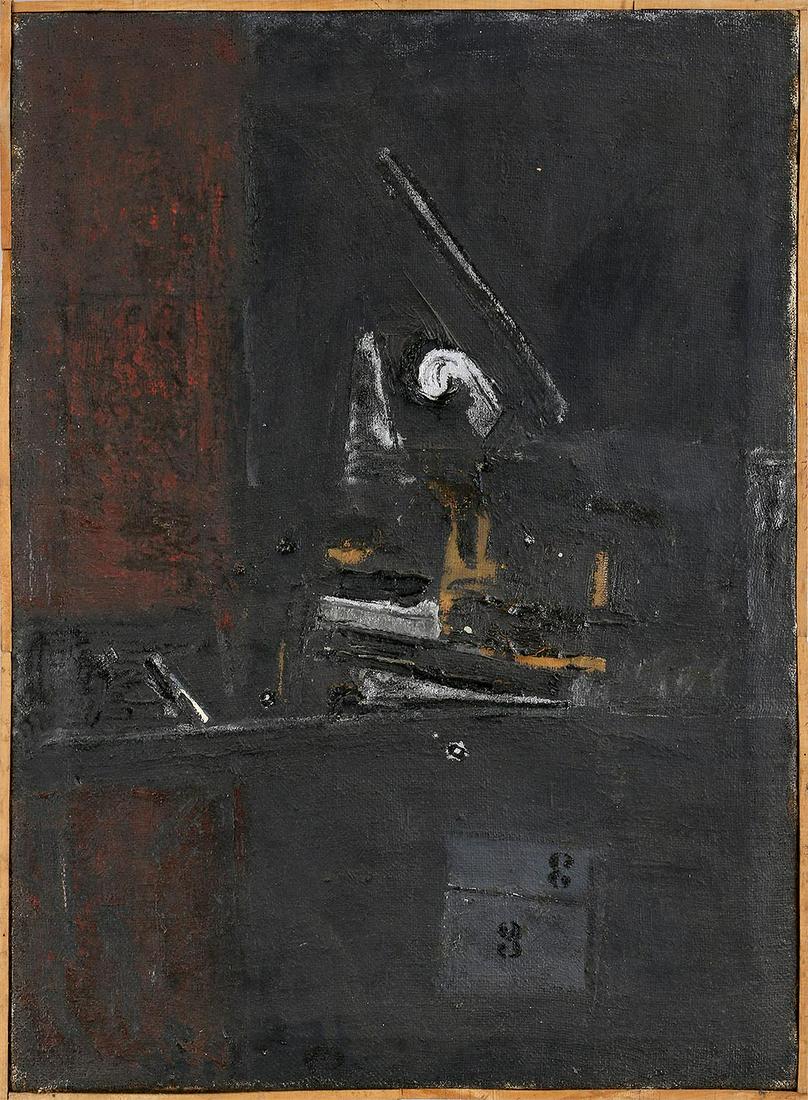 SYMCHO MOSZKOWICZ (Swedish, 1915-1966): SYMCHO MOSZKOWICZ (Swedish, 1915-1966), abstract, mixed media on burlap, unsigned, inscribed to verso ''Symcho Moszjiwucz, artist'' and ''Sister: Theresa Syrop 123-351 82 Rd, Kew Garden N. York.'' Ind