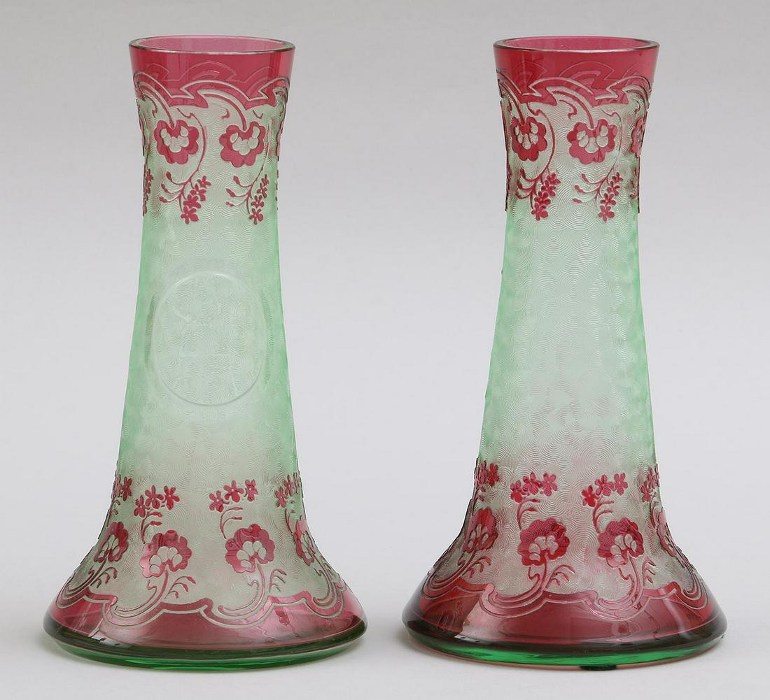 Pair of Val St. Lambert cameo vases: Pair of Val St. Lambert cameo vases in red and green, one with raised area for cameo or accent. Both signed. 6-1/2''h.