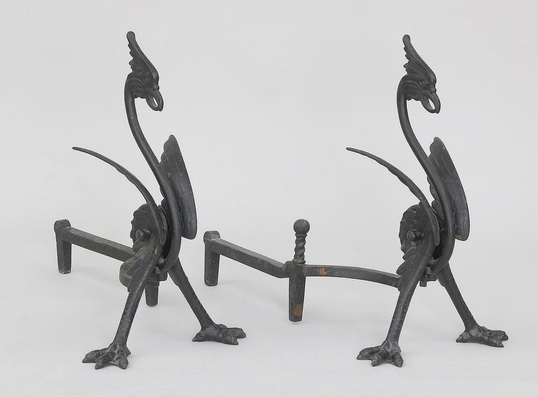 Pair Bradley & Hubbard cast iron griffin andirons: Pair Bradley & Hubbard cast iron griffin andirons, marked. 20-1/4''h, 12''h, 24''d.