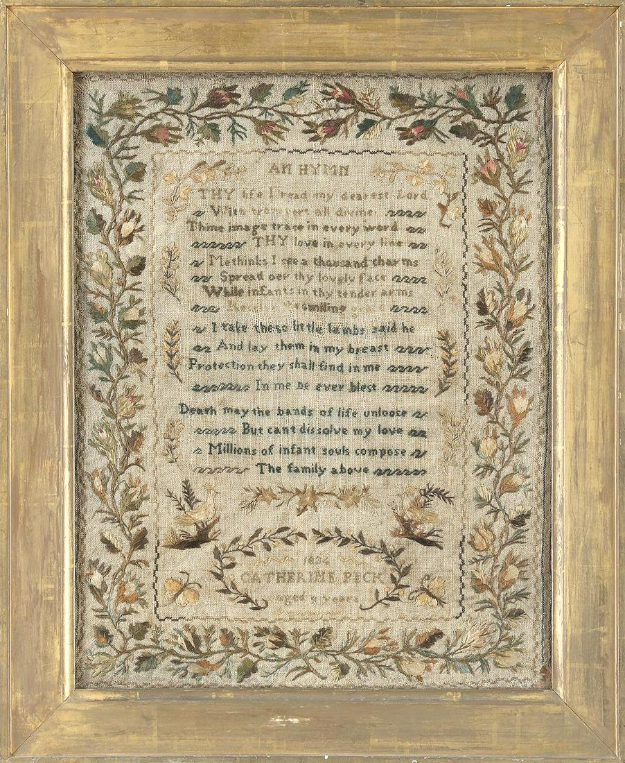19th century American sampler: 19th century American sampler by ''Catherine Peck, 1834, Aged 9 years'' with hymn to center and floral border. Yellowing and wear. Sight 16''h, 12-1/2''w.
