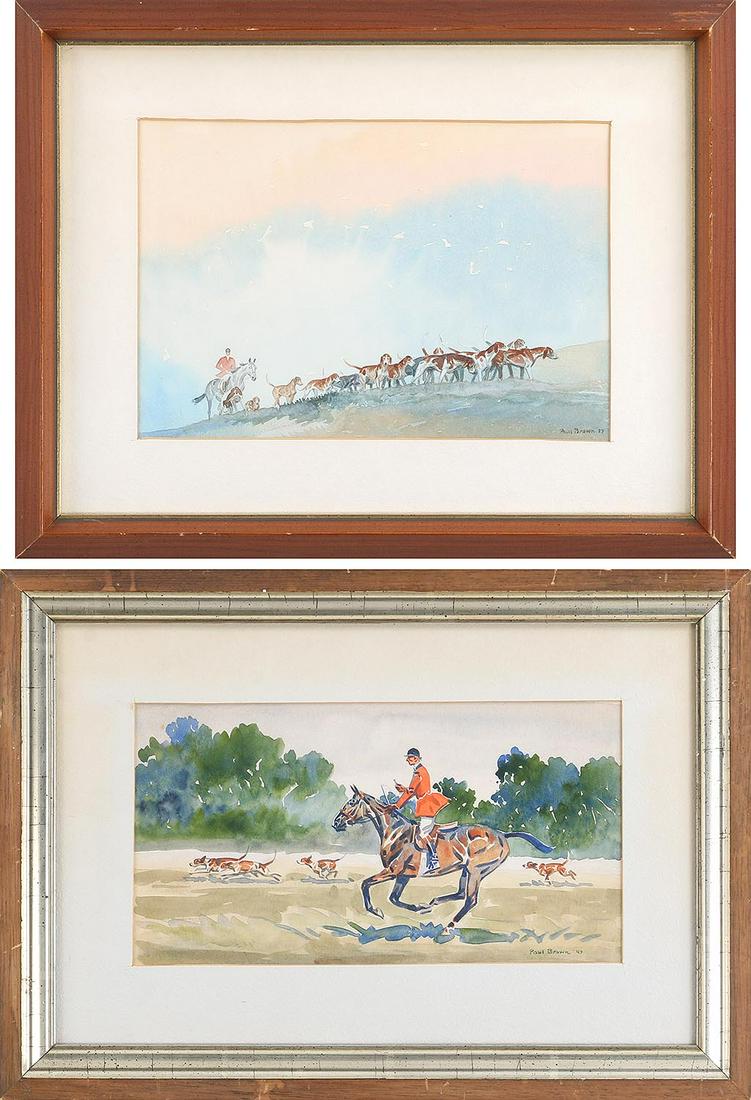 PAUL DESMOND BROWN (American, 1893-1958): PAUL DESMOND BROWN (American, 1893-1958), group of (2) watercolors, to include: equestrian scene with running dogs on illustration board, signed lower right, (toning, minor mat burn), image sight 52-3