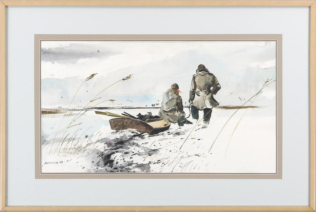CHET RENESON (American b.1934): CHET RENESON (American b.1934), two figures with boat, watercolor, signed and dated ''69'' lower left. Toning, slight waving. Image sight 14-1/4''h, 26''w.