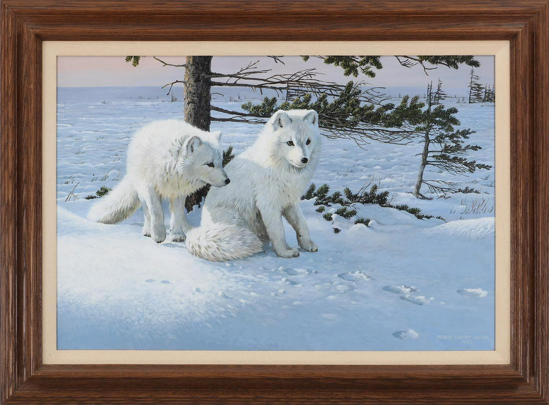 PERIS CLAYTON WEIRS (American, 1942-2016): PERIS CLAYTON WEIRS (American, 1942-2016), wolf cubs in winter scene, oil on board, signed and dated ''1992'' lower right. Board 20''h, 30''w.