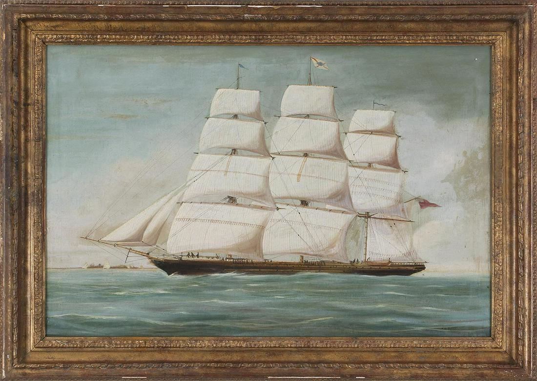 Clipper ship portrait (British School, 19th century): Clipper ship portrait (British School, 19th century), oil on canvas, spuriously signed lower right, partial label adhered to verso. Craquelure, scattered inpaint, dirt and grime. Canvas 19-3/4''h, 30'