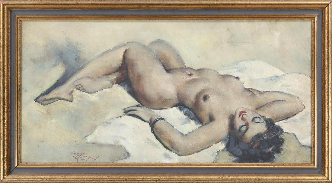 GEORGES-PIERRE GUINEGAULT (French, 1893-1982): GEORGES-PIERRE GUINEGAULT (French, 1893-1982), reclining nude, oil on canvas, signed and dated ''69'' lower left. Craquelure, minor scattered inpaint, dirt and grime. Canvas 15''h, 30''w.