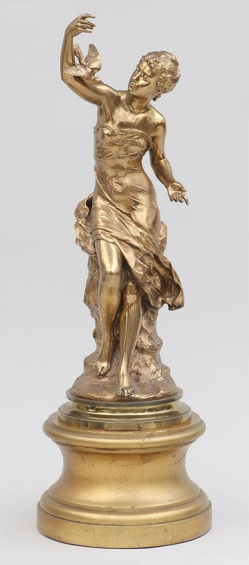 MATHURIN MOREAU (French, 1812-1922): MATHURIN MOREAU (French, 1812-1922), ''Colombe'', gilt bronze, signed and ''Societe des Bronzes de Paris'' foundry mark on base, along with gilt chasse. 31''h (excluding base)