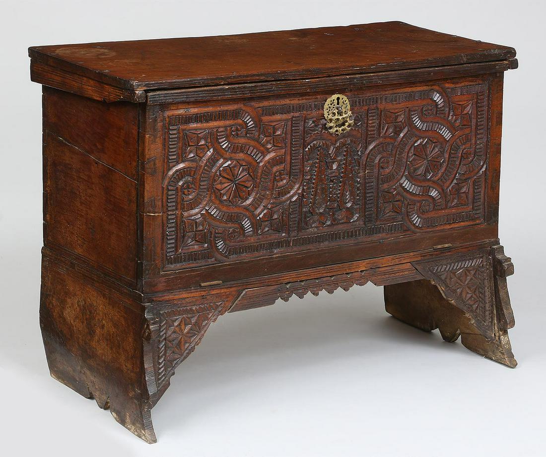 Syrian 18th century wedding chest: Syrian 18th century wedding chest with incised carving, modified to have fall front. Some repairs, minor losses. 29-1/2"h, 39-3/4"w, 18"d.
