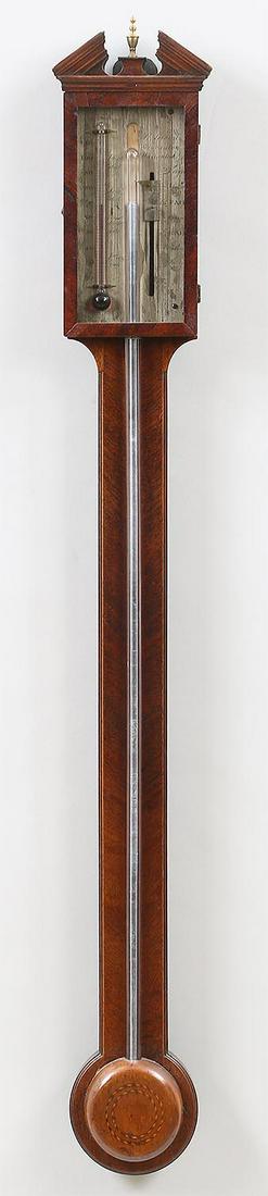 Barometer by Gosue Soldini: 19th century English mahogany stick barometer by Gosue Soldini of Wincanton. 37-3/4''h, 5-1/4''w, 2''d.