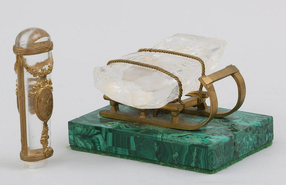 Group of (2) desk items: Group of (2) desk items, to include: gilt bronze mounted glass seal, (flakes); and Siberian freeform quartz atop bronze sled mounted on malachite base, St. Petersburg, (inpaint to base, natural fissur