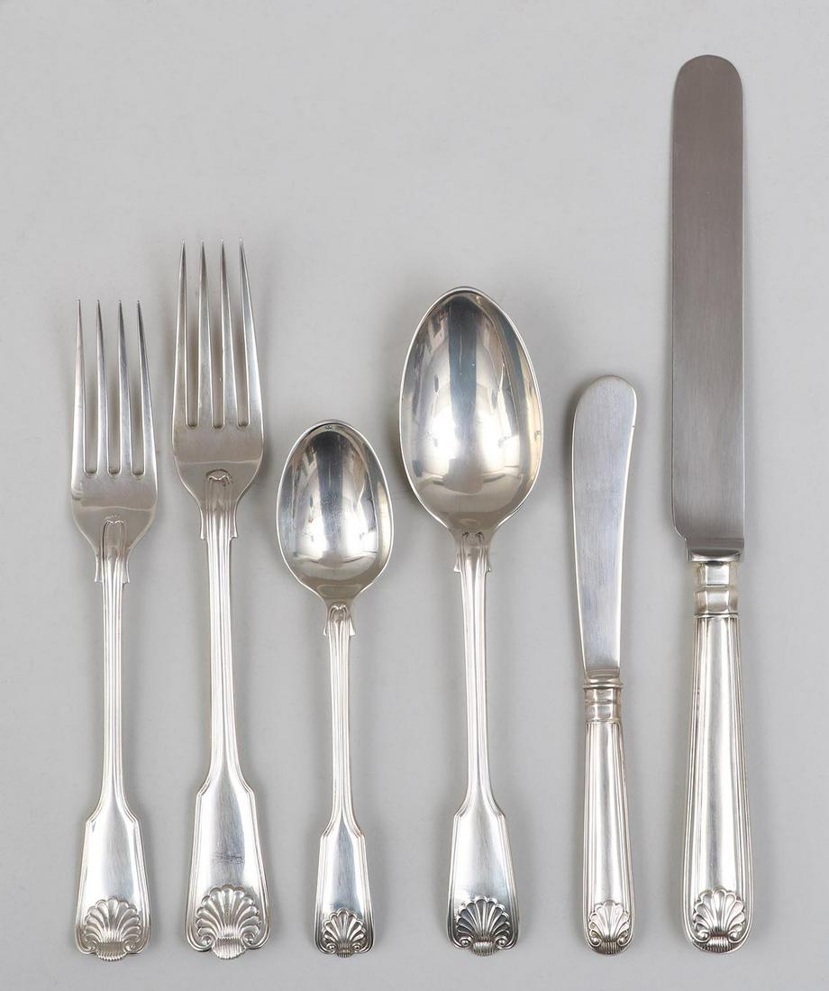 Partial set of (67) sterling silver flatware: Partial set of (67) sterling silver flatware, to include: (13) dinner forks, hallmarked for James Robinson Inc., London, 20th century; (12) luncheon forks, hallmarked for James Robinson Inc., London,
