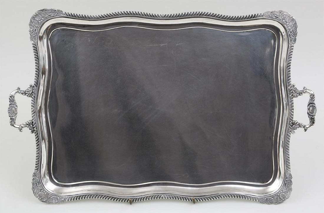 Large 19th century Polish .875 silver handled tray: Large 19th century Polish .875 silver handled tray with applied handles, hallmarked for Lombard Silverware, assayer Mikhail Mikhailovich Karpinsky, St. Petersburg, 1836. 16-1/4''h, 25''w. Total approx