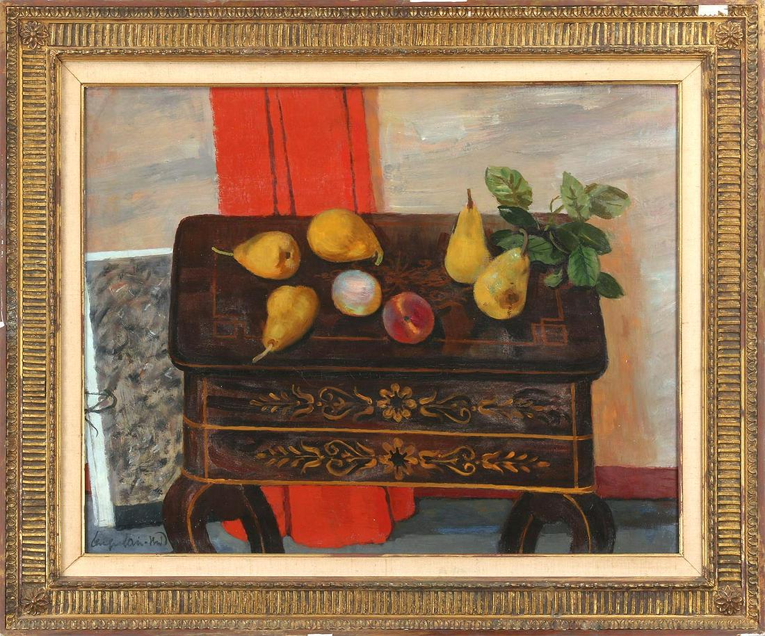 ROGER CHAPELAIN-MIDY (French, 1904-1992): ROGER CHAPELAIN-MIDY (French, 1904-1992) still life with pears, oil on canvas, signed lower left. Craquelure, scattered inpaint. Canvas 25-1/2''h, 32''w.