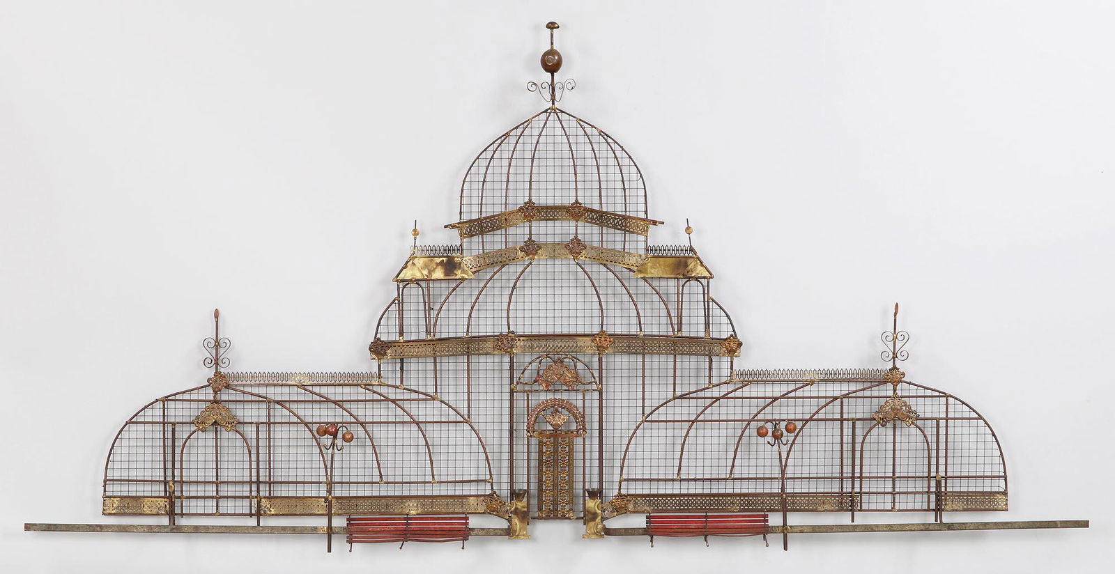 CURTIS JERE (American, 1910-2008): CURTIS JERE (American, 1910-2008), gilt copper botanical house wall sculpture with benches, mixed metal, signed. Surface wear, slightly misshapen. 33-3/4''h, 89''w.