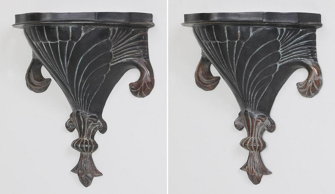 Pair of bronze wall bracket shelves: Pair of bronze wall bracket shelves. 10-1/2''h, 10''w, 5''d.