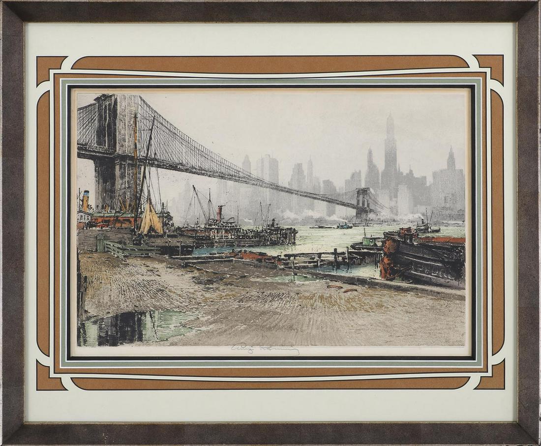 LUIGI KASIMIR (Austrian, 1881-1962): LUIGI KASIMIR (Austrian, 1881-1962), ''Brooklyn Bridge #2,'' etching in colors, pencil signed on bottom, titled on edge of sheet. Toning, mat burn, very minor foxing. Sheet 17''h, 22-3/4''w.