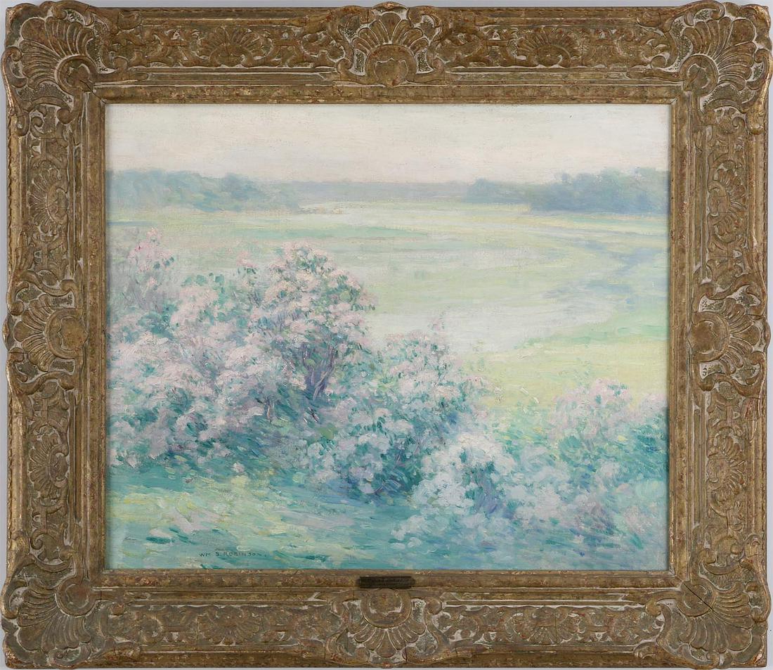 WILLIAM S. ROBINSON (American, 1861-1945): WILLIAM S. ROBINSON (American, 1861-1945), ''Springtime in Connecticut,'' oil on canvas, signed lower left with plaque to front. Relined with restorations, craquelure. Canvas 20''h, 24''w.