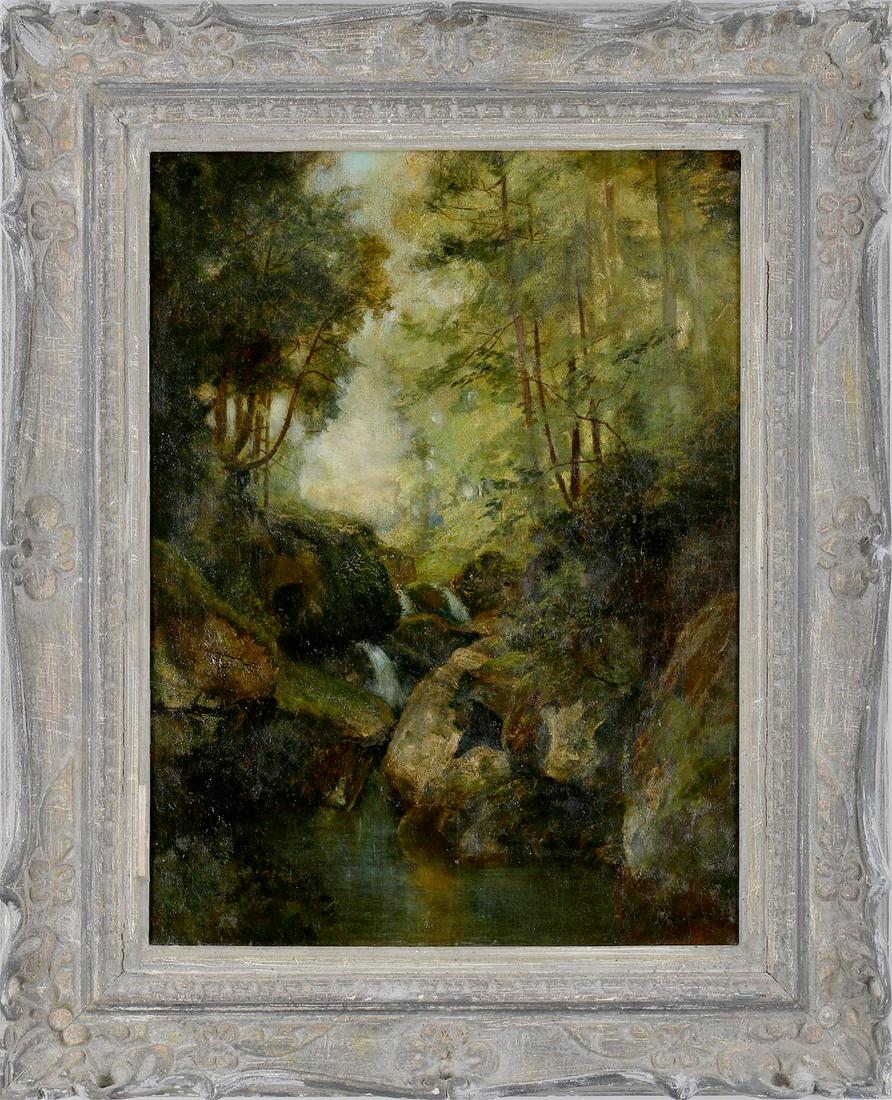 ROBERT CRANNELL MINOR SR (American, 1839-1904): ROBERT CRANNELL MINOR SR (American, 1839-1904), forest landscape, oil on canvas, signed lower right. Relined, scattered inpaint. Canvas 24''h, 18-1/4''w.