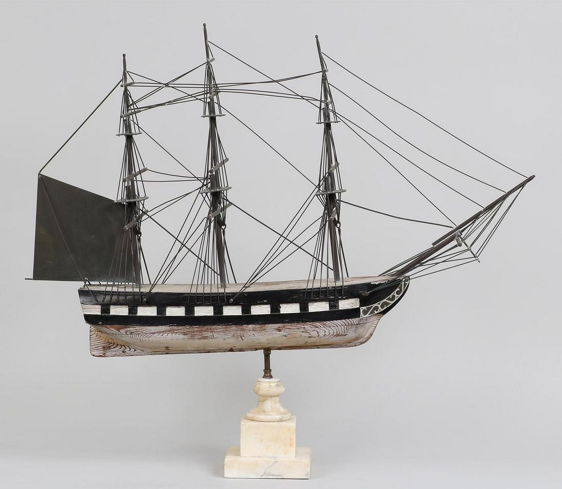 Large wood ship weathervane: Large wood ship weathervane with three copper masts mounted on marble base. Wear to paint. 21-1/2''h (excluding base), 12''w, 33''l.