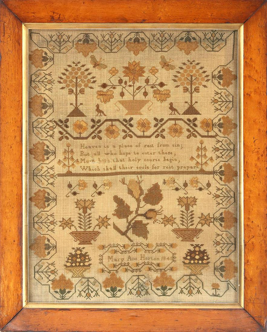 19th century American sampler with prose: 19th century American sampler with prose, flowers, and insects, made by ''Mary Ann Horton'' and dated ''1845''. Yellowing, small repairs. Sight 16-1/2''h, 12-1/2''w.