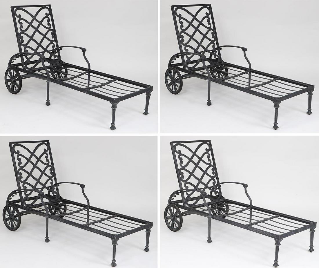 Set of (4) Brown Jordan patio lounge chairs: Set of (4) Brown Jordan patio lounge chairs, in black. One adjustment bar endcap missing, no cushions. Fully upright 40''h, 30''w, 63''l.