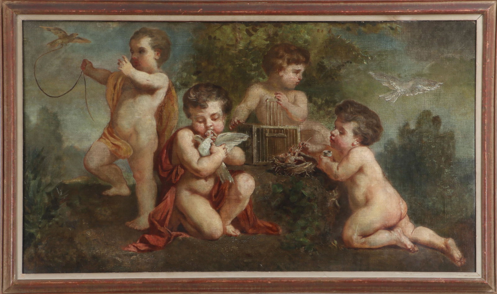 Four cherubs with doves (Continental School, 19th: Four cherubs with doves (Continental School, 19th century), oil on canvas, unsigned. Craquelure, relined with restorations. Canvas 26-1/4''h, 47-1/2''w.
