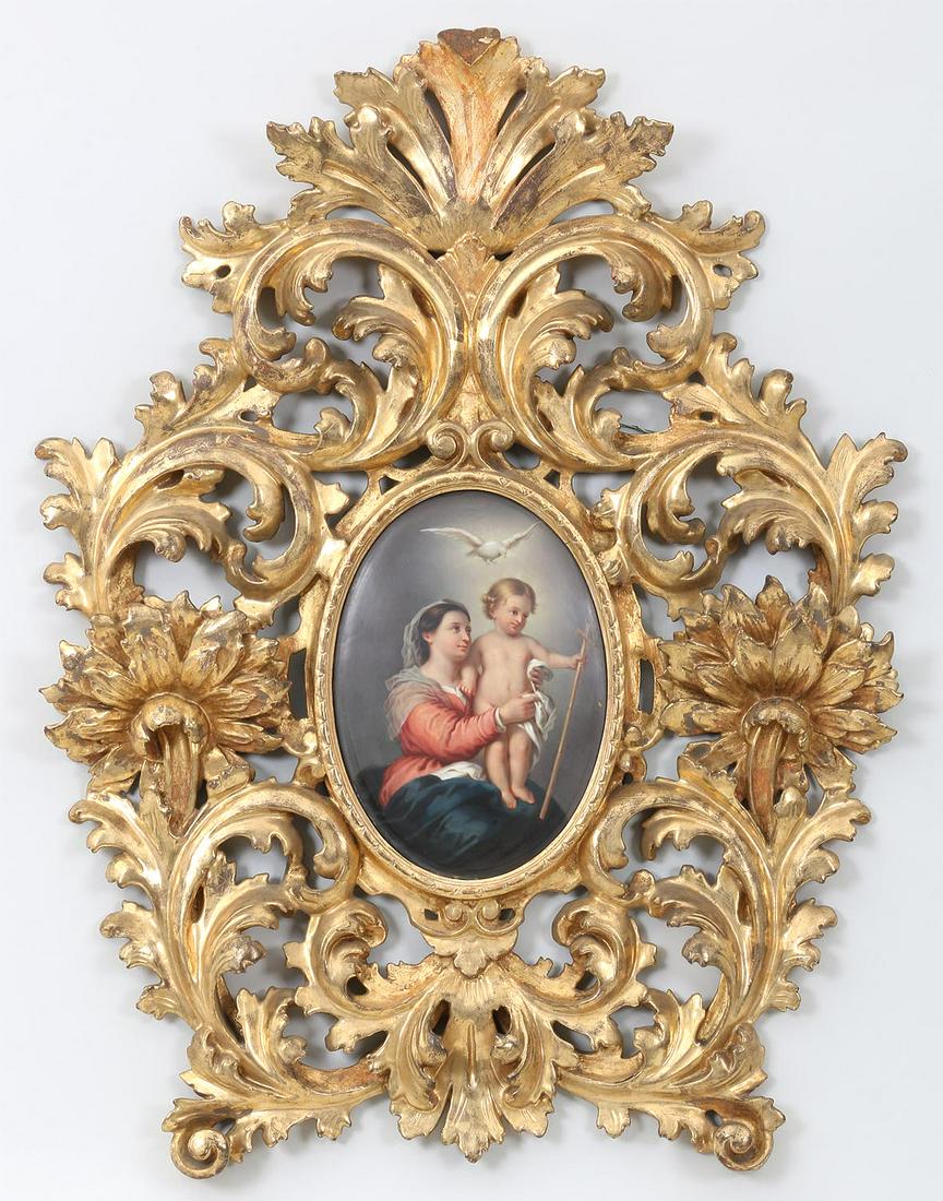 KPM porcelain plaque: KPM porcelain plaque with Mary and Jesus with dove, after Murillo's ''Holy Family'', in Rococo style giltwood frame, KPM plaque unsigned, with incised mark and illegibly inscribed to verso. Minor accr