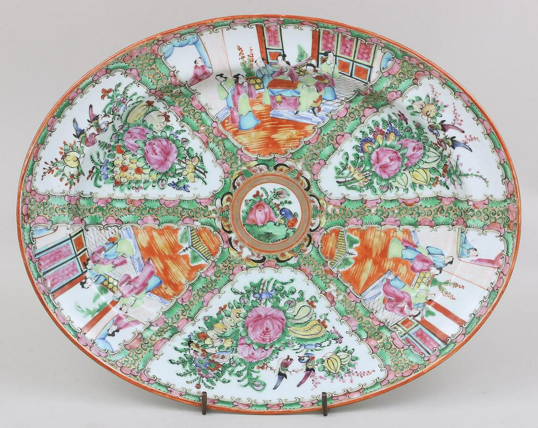 Large oval Chinese export rose medallion platter: Large oval Chinese export rose medallion platter. Minor surface loss. 14-1/2''h, 18''l.