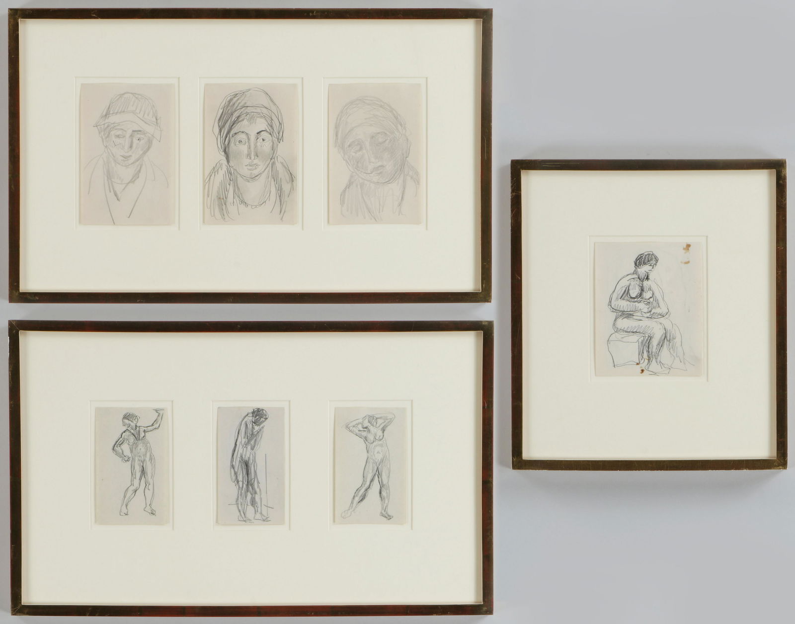 ABRAHAM WALKOWITZ (Russian/American, 1878-1965): ABRAHAM WALKOWITZ (Russian/American, 1878-1965), group of (7) pencil drawings, to include: (3) full figures; (3) portraits; and seated figure, unsigned. Staining, toning, minor mat burn. Largest image