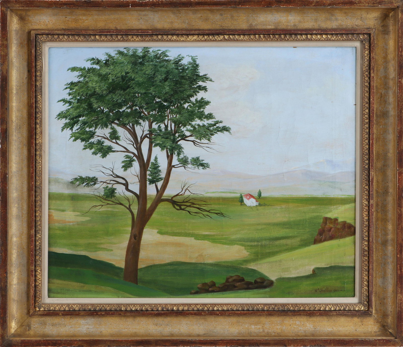 WILLIAM FELLINI (American, b. 1950): WILLIAM FELLINI (American, b. 1950), ''Tree and House in Valley,'' oil on canvas, signed and dated ''1942'' lower right, Robert Schoelkopf gallery label to verso. Craquelure, very minor scattered inpa
