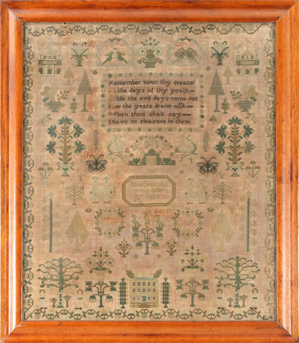 English sampler with butterflies, trees, figures: English sampler with butterflies, trees, figures, and biblical quote, made by ''Jane Greaves work Aged 16 1834''. Losses, yellowing, staining, fraying. Sight 23-3/4''h, 20-1-/4''w.